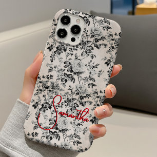 Funda iPhone 16 Elegante toile de negro y blanco con monograma roj