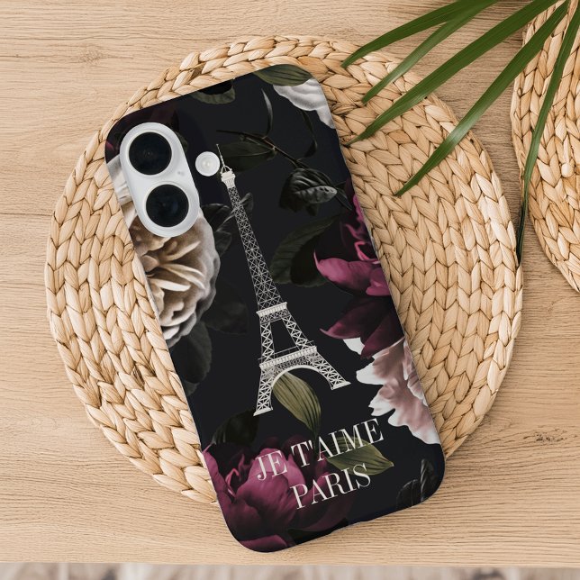 Funda iPhone 16 Elegante Torre Eiffel de París floral oscura (Subido por el creador)
