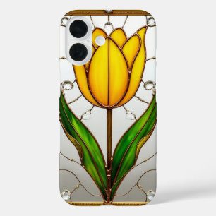 Funda iPhone 16 Elegante Tulipán de Vidrio Pintado con Marco de Or