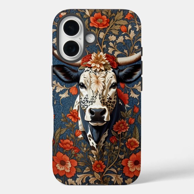 Funda iPhone 16 Elegante Vaca Nguni Inspirada por William Morris (Reverso )