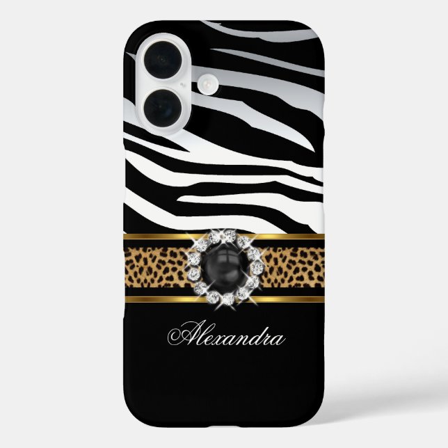Funda iPhone 16 Elegante Zebra Salvaje Stripe Leopard Black Gold P (Reverso )