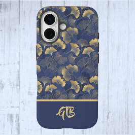 Funda iPhone 16 Elegantes hojas de Ginkgo de Oro Azul con nombre M