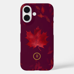 Funda iPhone 16 Elegantes hojas de otoño rojas y de oro de Borgoña