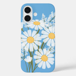 Funda iPhone 16 Elegantes margaritas blancas florales en azul