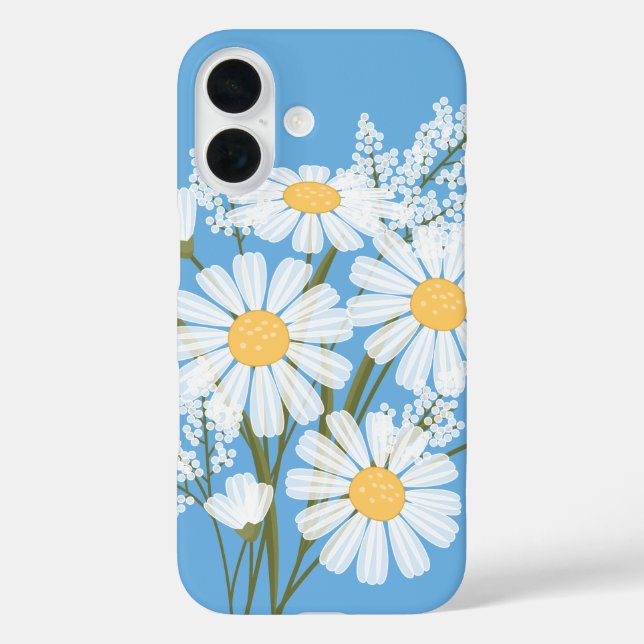Funda iPhone 16 Elegantes margaritas blancas florales en azul (Reverso )