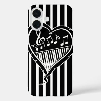 Funda iPhone 16 Elegantes notas musicales en blanco y negro y pian