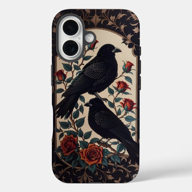Funda iPhone 16 Elegantes Ravens Góticas Con Rosas (Reverso )