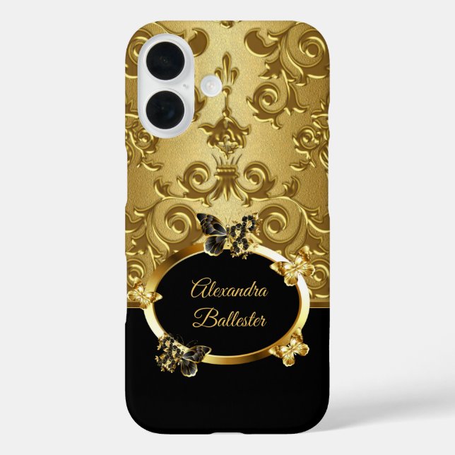 Funda iPhone 16 Elite Elegant Damask Floral Butterfly Gold Black (Reverso )