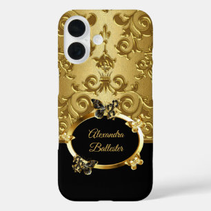 Funda iPhone 16 Élite Elegante Damask Floral Mariposa Dorado Negro