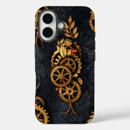 Funda iPhone 16 Engranajes Dorados Vintage y Neon Rojo Cyberpunk M