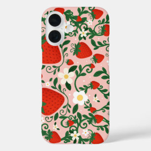 Funda iPhone 16 Enredaderas florales rosadas y rojas Fresas Lindas