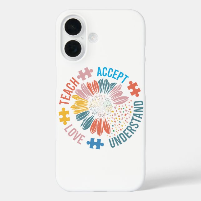 Funda iPhone 16 "Enseñar Aceptar Amar Entender" Flor de Pieza de R (Reverso )