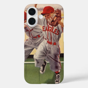 Funda iPhone 16 Equipo de béisbol vintage, chicos jugando brusco
