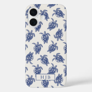 Funda iPhone 16 Esbozo azul de tortuga marina tropical Monograma i