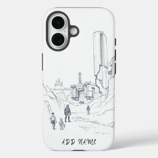 Funda iPhone 16 Esbozo paisajístico futurista con figuras (Reverso )