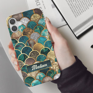Funda iPhone 16 Escalas de sirena elegantes de oro turquesa y gira