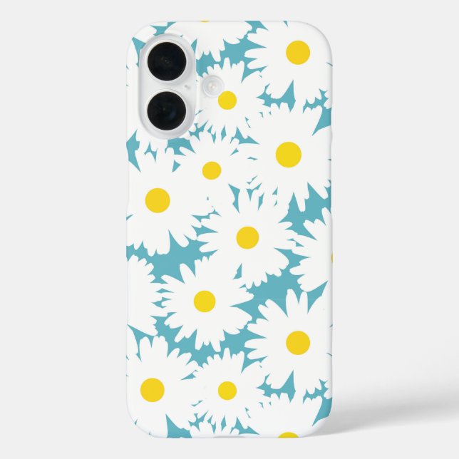 Funda iPhone 16 Espacio negativo Daisies amarillo blanco sobre azu (Reverso )