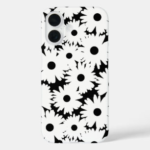 Funda iPhone 16 Espacios negativos Daisies blancos sobre negro