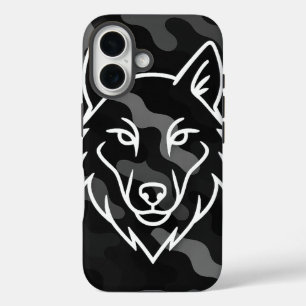 Funda iPhone 16 Espíritu de camuflaje - Arte de línea de lobo blan