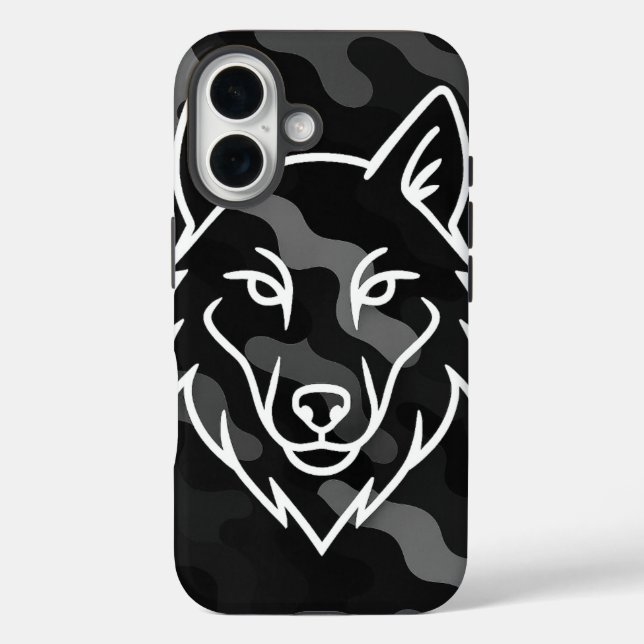 Funda iPhone 16 Espíritu de camuflaje - Arte de línea de lobo blan (Reverso )