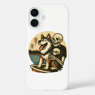 Funda iPhone 16 Esqueleto con perro en arte de terror del lago emb