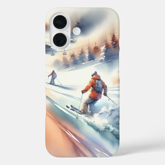 Funda iPhone 16 Esquiadores De Nieve En Acuarela (Reverso )