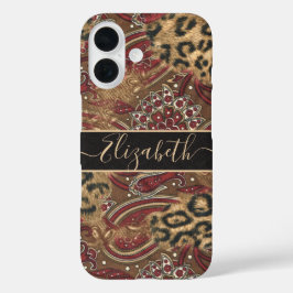 Funda iPhone 16 Estampa de Leopardo y Paisley Personalizar Nombre