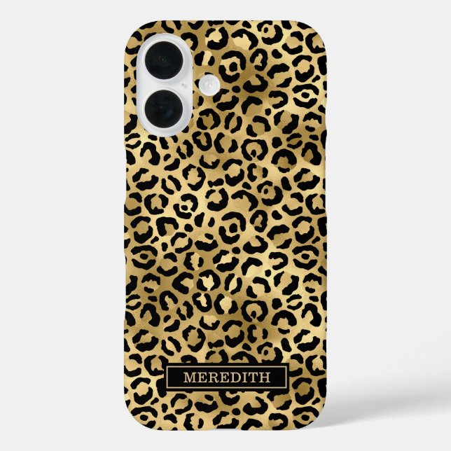 Funda iPhone 16 Estampado de leopardo con lámina dorada y monogram (Reverso )