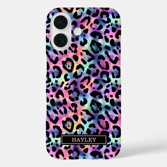 Funda iPhone 16 Estampado de leopardo iridiscente monogramado (Reverso )