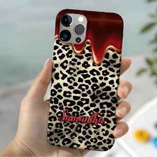 Funda iPhone 16 Estampado de leopardo rojo chic con monograma gote