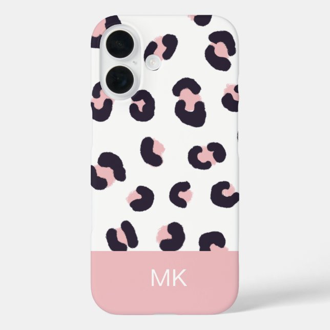 Funda iPhone 16 Estampado de leopardo rosa con monograma (Reverso )
