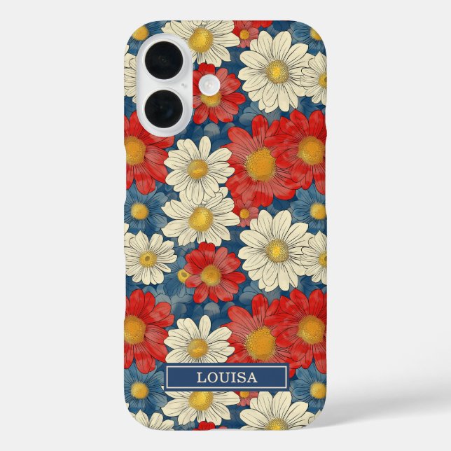 Funda iPhone 16 Estampado floral rojo japonés monogramado (Reverso )