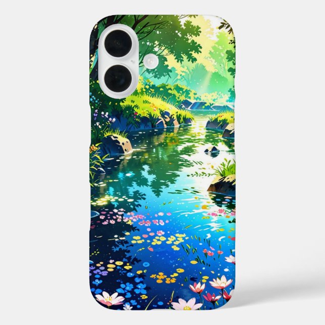 Funda iPhone 16 Estanque de primavera oculto - Paisaje animado (Reverso )