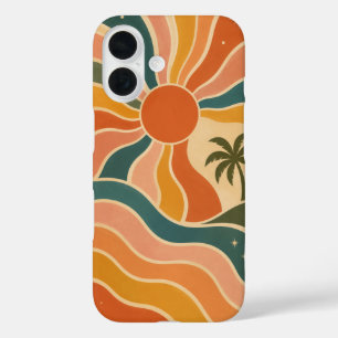 Funda iPhone 16 Estética Retro Olas y Palmeras Puesta de Sol 70s