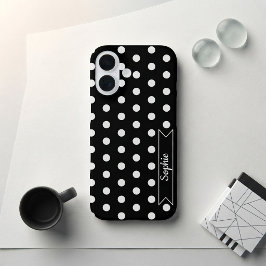 Funda iPhone 16 Estilo Chic Lunares Nombre Personalizado Negro y B
