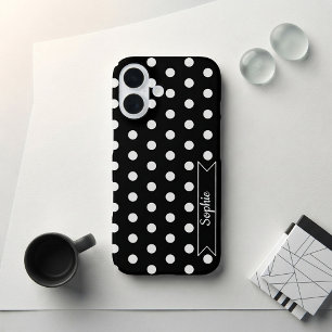 Funda iPhone 16 Estilo Chic Lunares Nombre Personalizado Negro y B