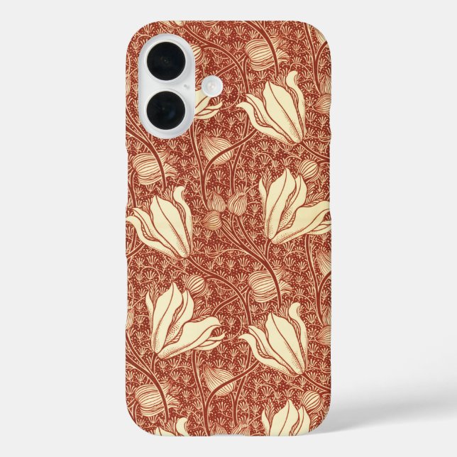 Funda iPhone 16 Estilo William Morris Patrón Floral de Lirio Rojo (Reverso )