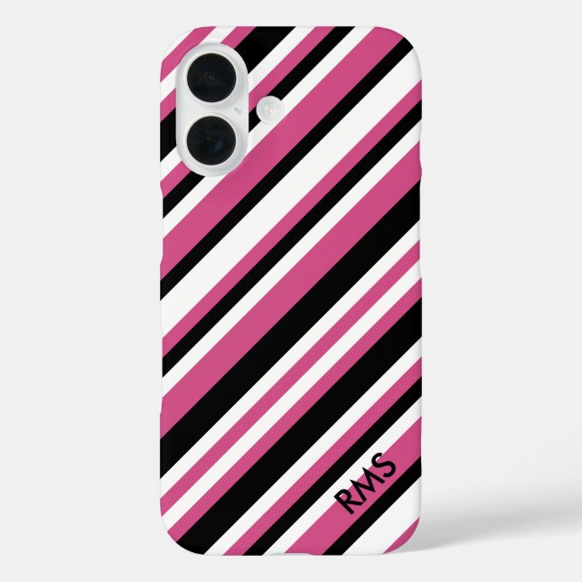 Funda iPhone 16 Estilosas franjas diagonales rosadas y negras (Reverso )