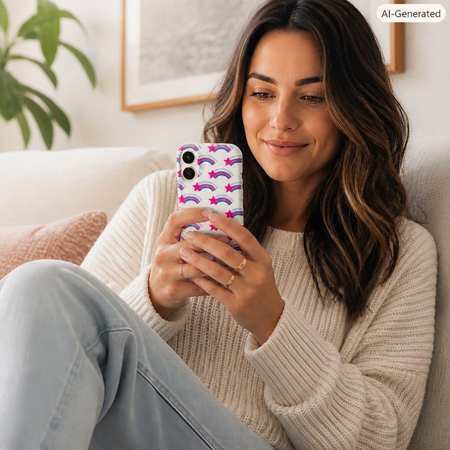 Funda iPhone 16 Estrella Fugaz Magenta Caprichosa Patrón Arcoíris (A phone case with a star and rainbow pattern done in pink, blue and purple.)