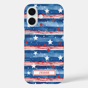 Funda iPhone 16 Estrellas Patrióticas y Monograma de Barras