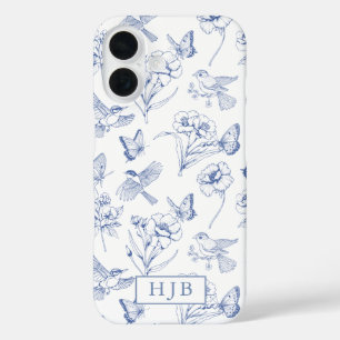 Funda iPhone 16 Estuche Blue Floral Toile Butterfly Monograma para
