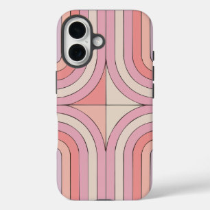 Funda iPhone 16 Estuche de teléfono de rayas de arco retro rosado,