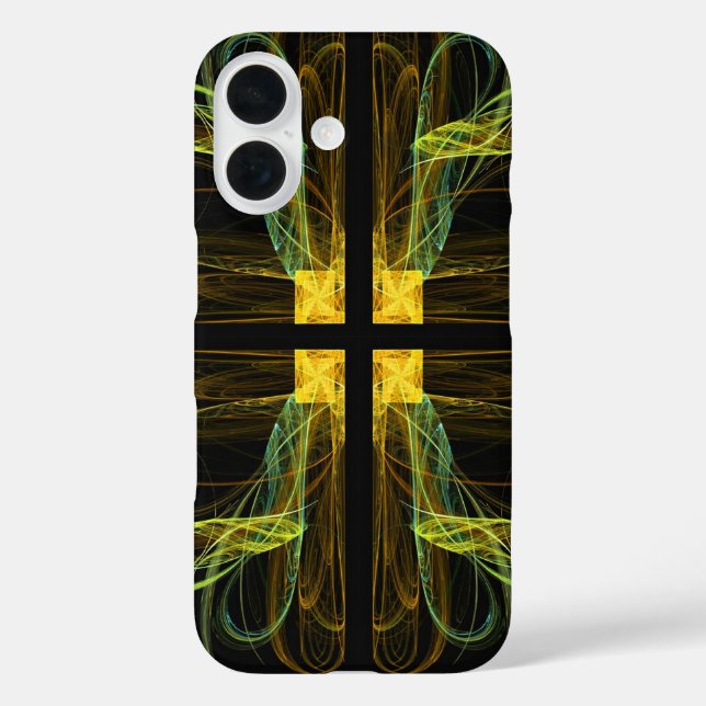Funda iPhone 16 Estuche de teléfono Fractal Green & Gold Cross (Reverso )