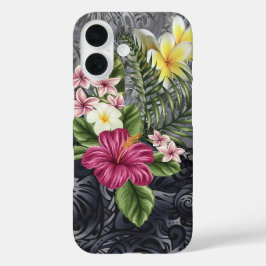 Funda iPhone 16 Estuche Hawaiano Monstera Tapa e Hibiscus Phone