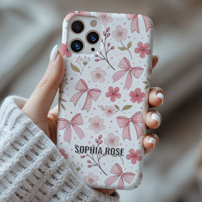 Funda iPhone 16 Estuche para iPhone con nombre personalizado del p (Preppy bows pattern iphone case with personalized name, coquette and feminine aesthetic)