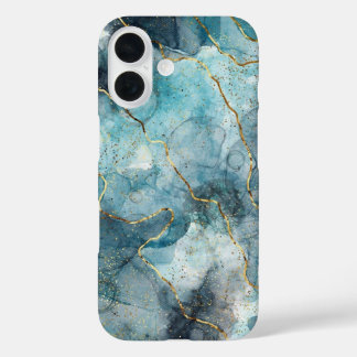 Funda iPhone 16 Estuche para iPhone de patrón de mármol azul y dor