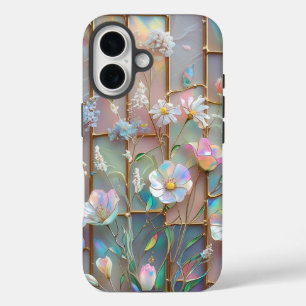 Funda iPhone 16 Estuche para iPhone de vidrio templado de flores s