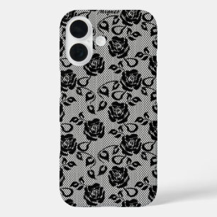 Funda iPhone 16 Estuche para iPhone Fishnet, Rosa de encaje negro