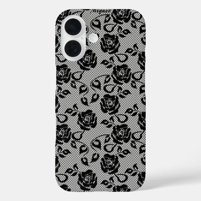 Funda iPhone 16 Estuche para iPhone Fishnet, Rosa de encaje negro  (Reverso )