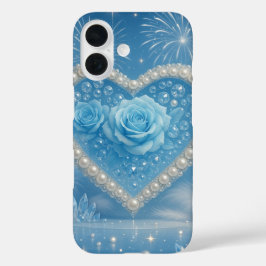 Funda iPhone 16 Estuche para iPhone Heart of Pearls y Blue Rosas -